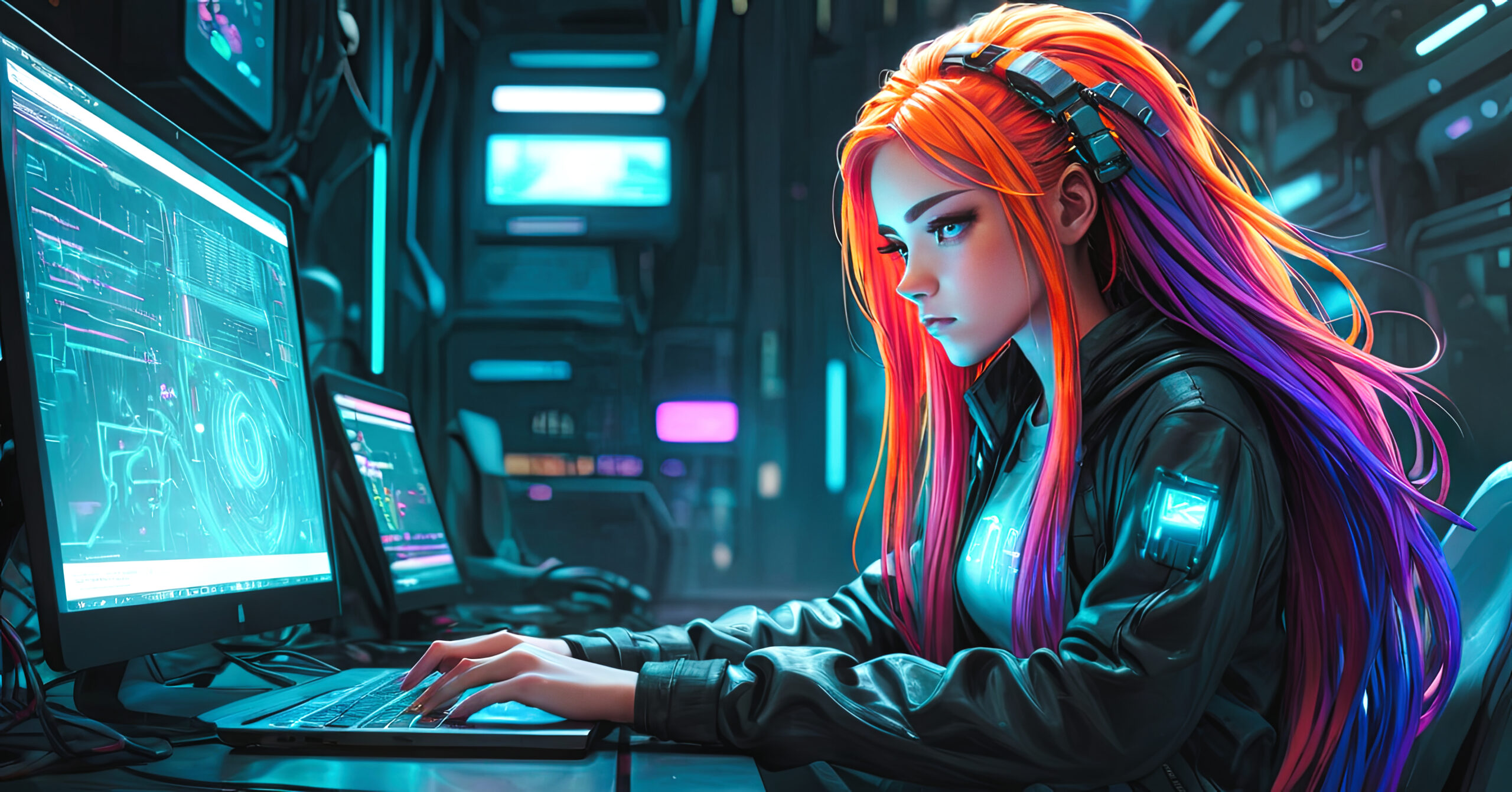 Eine Frau mit mehrfarbigem Haar, das von leuchtendem Orange zu tiefem Violett übergeht, sitzt in einem futuristischen Raum voller Bildschirme, auf denen komplexe Diagramme und Codezeilen zu sehen sind. Sie trägt Kopfhörer und ist konzentriert auf ihren Laptop gerichtet, auf dem sie die PyCharm Community Edition installiert, eine beliebte Entwicklungsumgebung für Python-Programmierung. Das leuchtende Ambiente rund um sie strahlt die Intensität und Fokussierung aus, die sie in ihre Programmierarbeit legt.