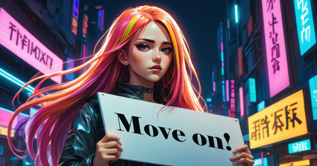 Eine junge Frau mit einem Regenbogen aus Haarfarben hält ein Schild mit der Aufschrift "Move on!", während sie vor der lebendigen Kulisse einer Stadt bei Nacht steht, die von Neonreklamen erhellt wird. Ihre ernste Miene und die entschlossene Haltung deuten darauf hin, dass es ihr ein wichtiges Anliegen ist, die Menschen dazu zu bewegen, nicht die Fooocus API zu nutzen. Ihre Botschaft ist klar: Es gibt bessere Wege, mit Technologie umzugehen, und manchmal muss man einfach weiterziehen.