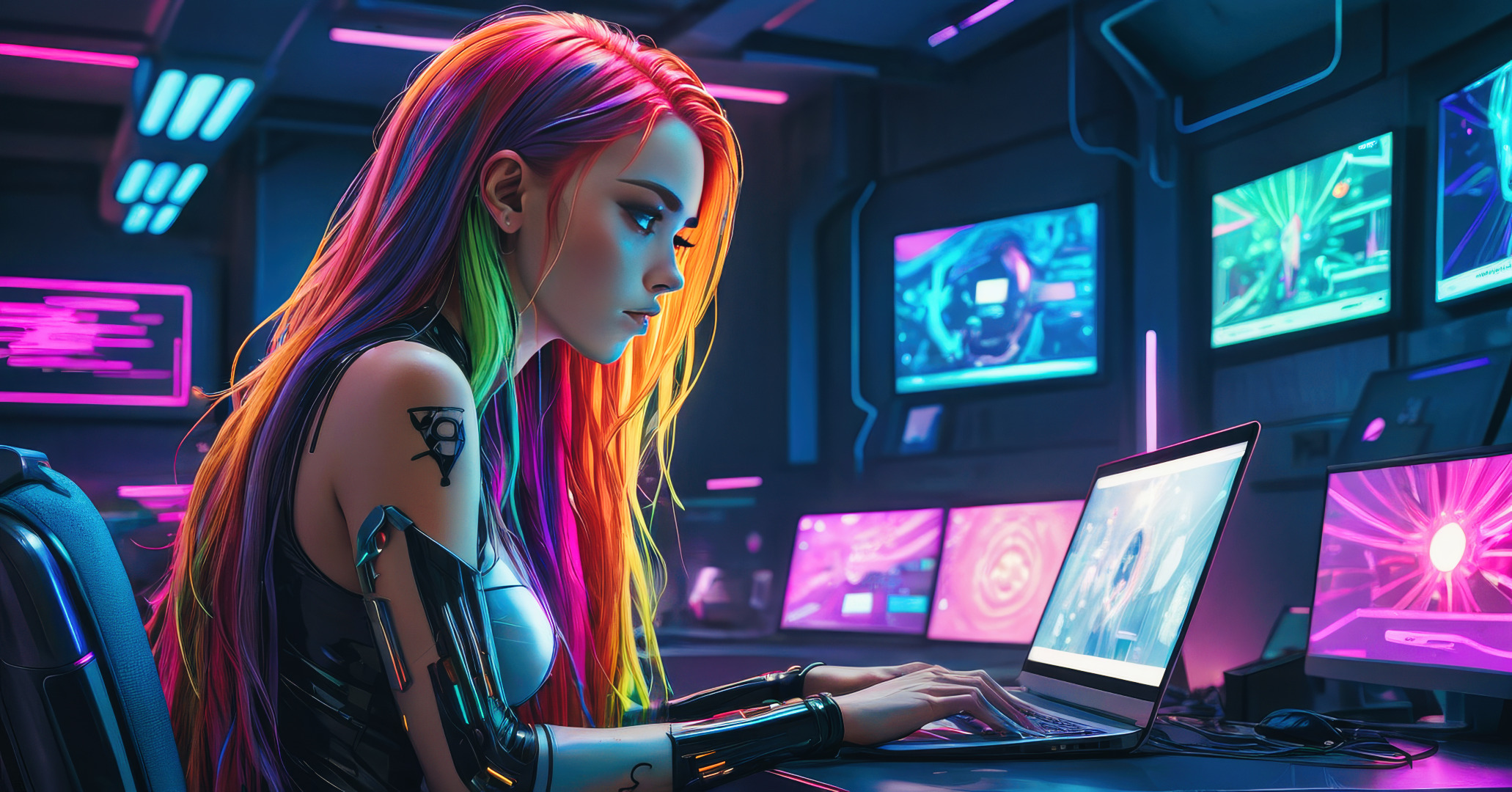 Eine junge Programmiererin mit leuchtend mehrfarbigem Haar sitzt konzentriert vor ihrem Laptop in einem Raum, der von futuristischen Displays erhellt wird. Während sie durch die neonfarbene Beleuchtung der Umgebung noch hervorsticht, lernt sie über "Variablen und Datentypen" in Python, um ihre Fähigkeiten in der Softwareentwicklung zu schärfen.